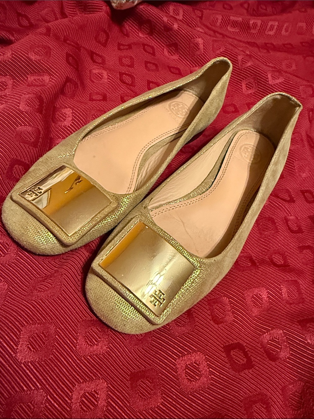 Tory Burch Metallic Gold Suede Square-Toe Flats